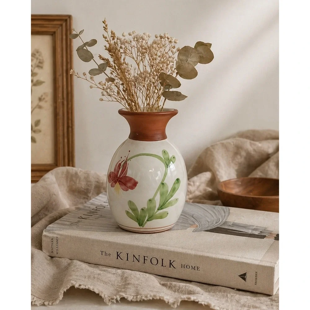 Emerson Creek Pottery 1991 Hand Painted Floral Vase‎ Bedford Virginia Terracotta
